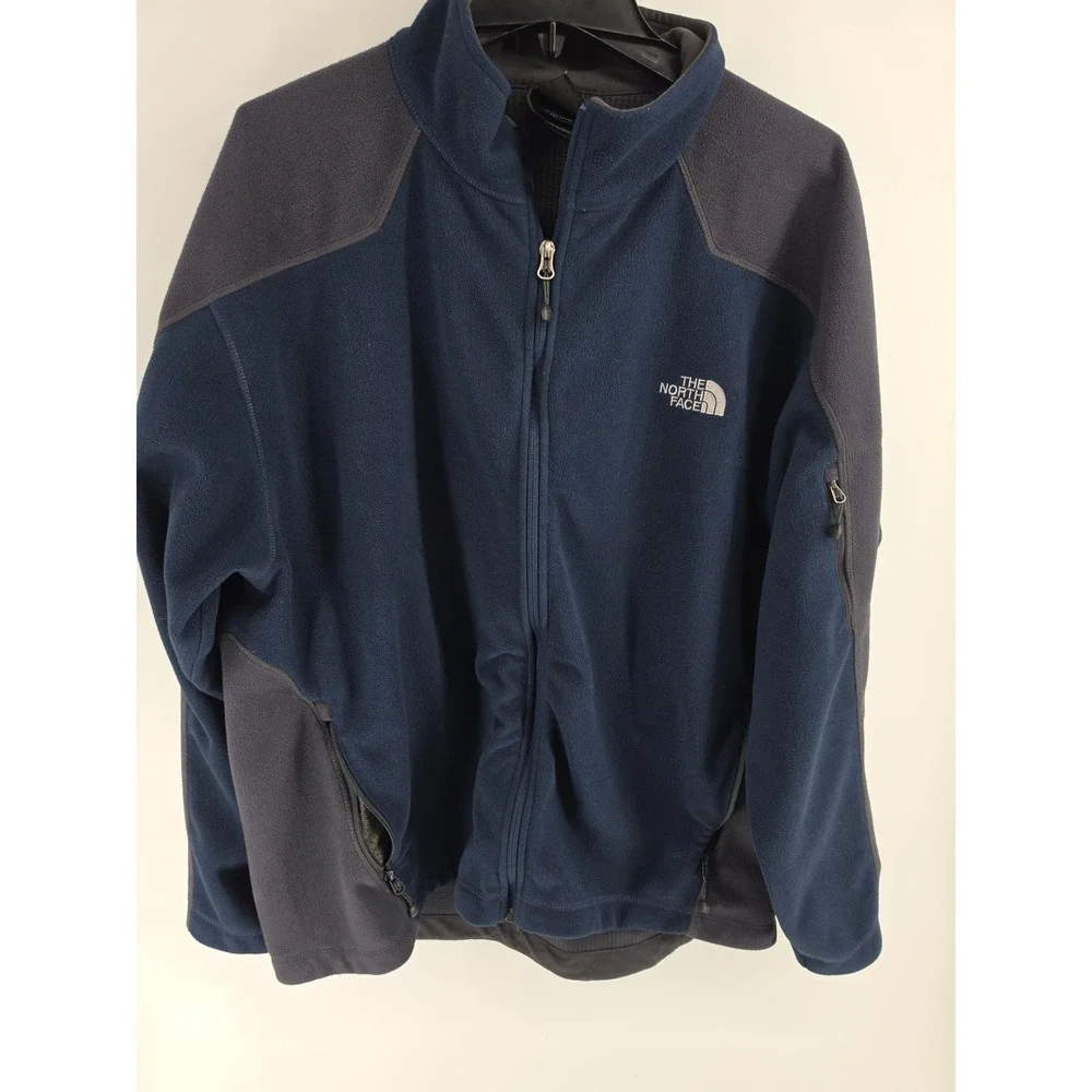 The North Face Mens XXL Full Zip Fleece Jacket Navy Blue Gray Grid Lined Regular